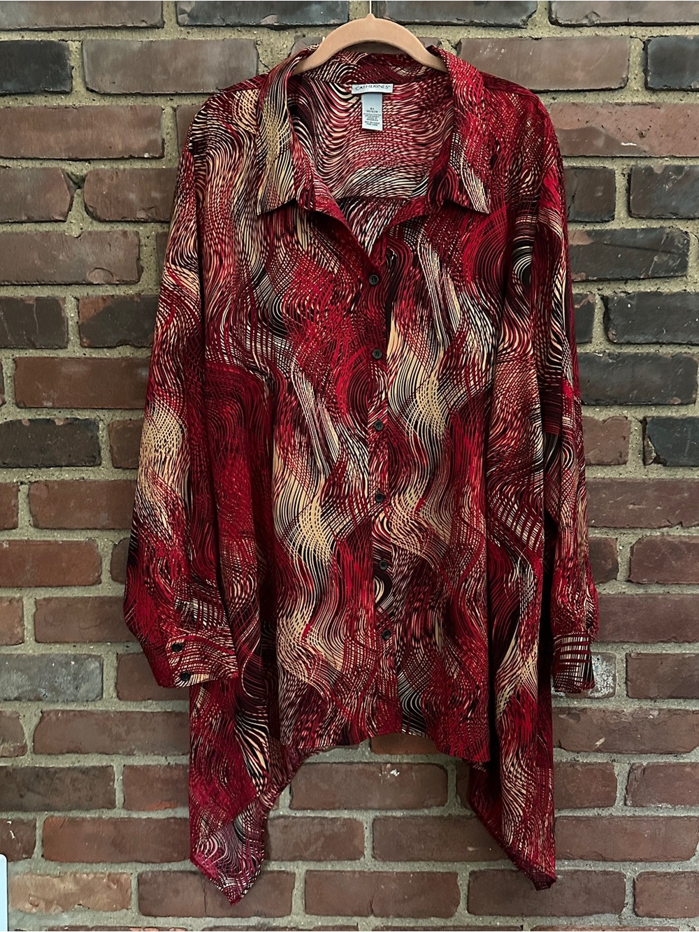 Catherines Button Tunic Collared Shirt Red Patterned Multi Sz 4X